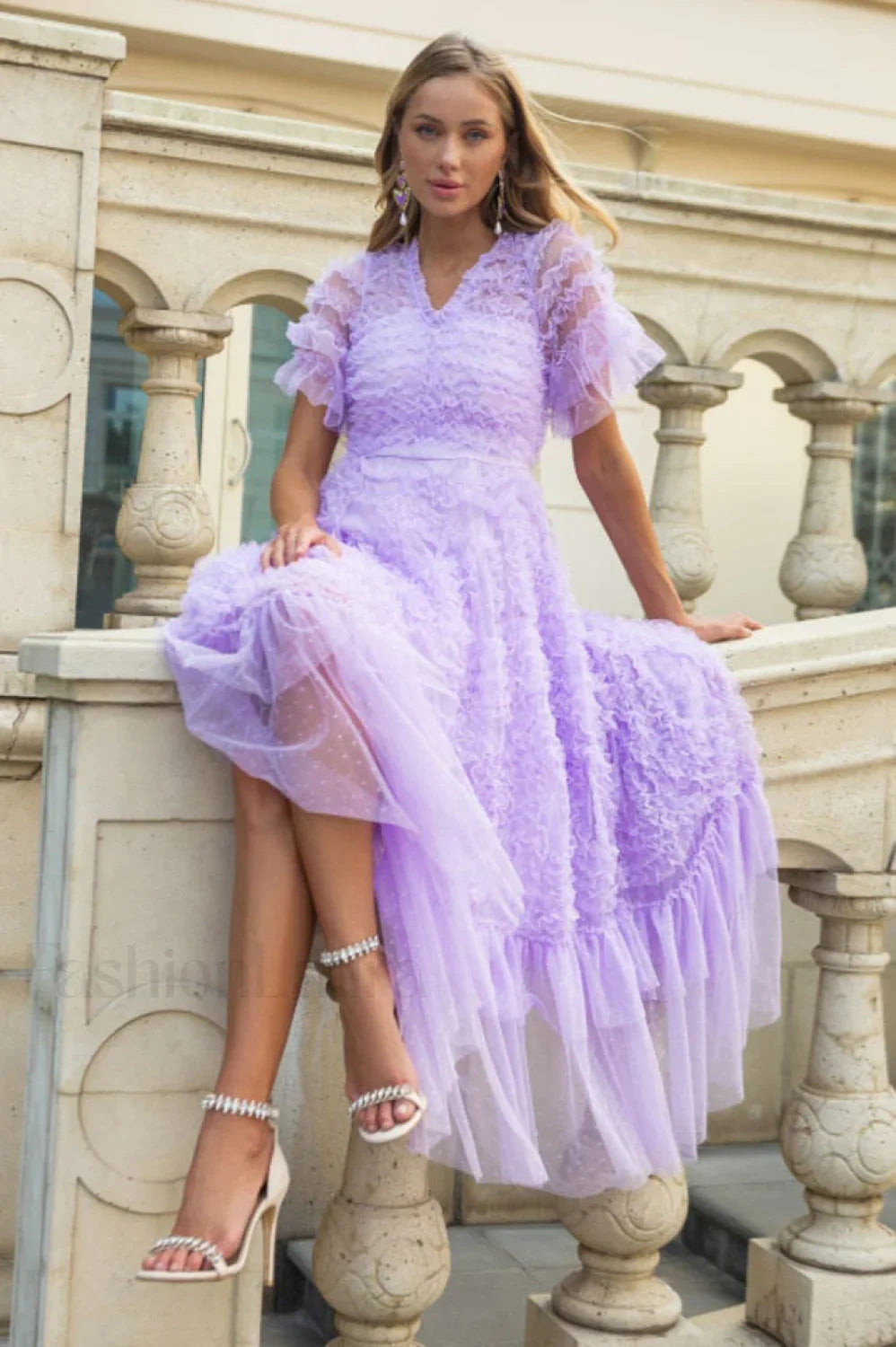 Ruffle Tiered Spotted Charming Tulle Maxi Dress