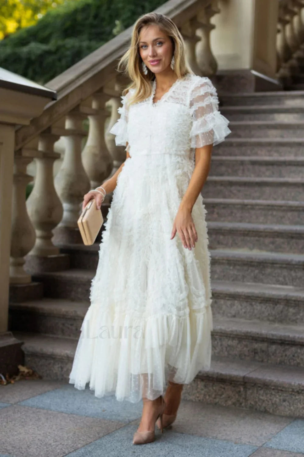 Ruffle Tiered Spotted Charming Tulle Maxi Dress