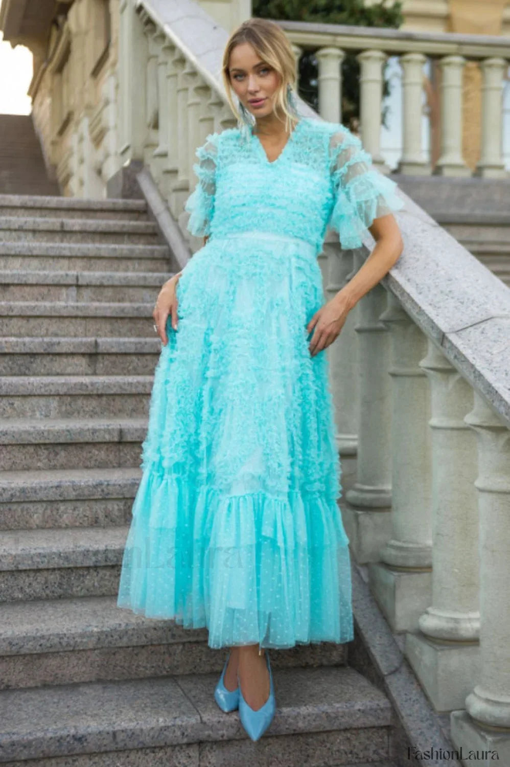 Ruffle Tiered Spotted Charming Tulle Maxi Dress