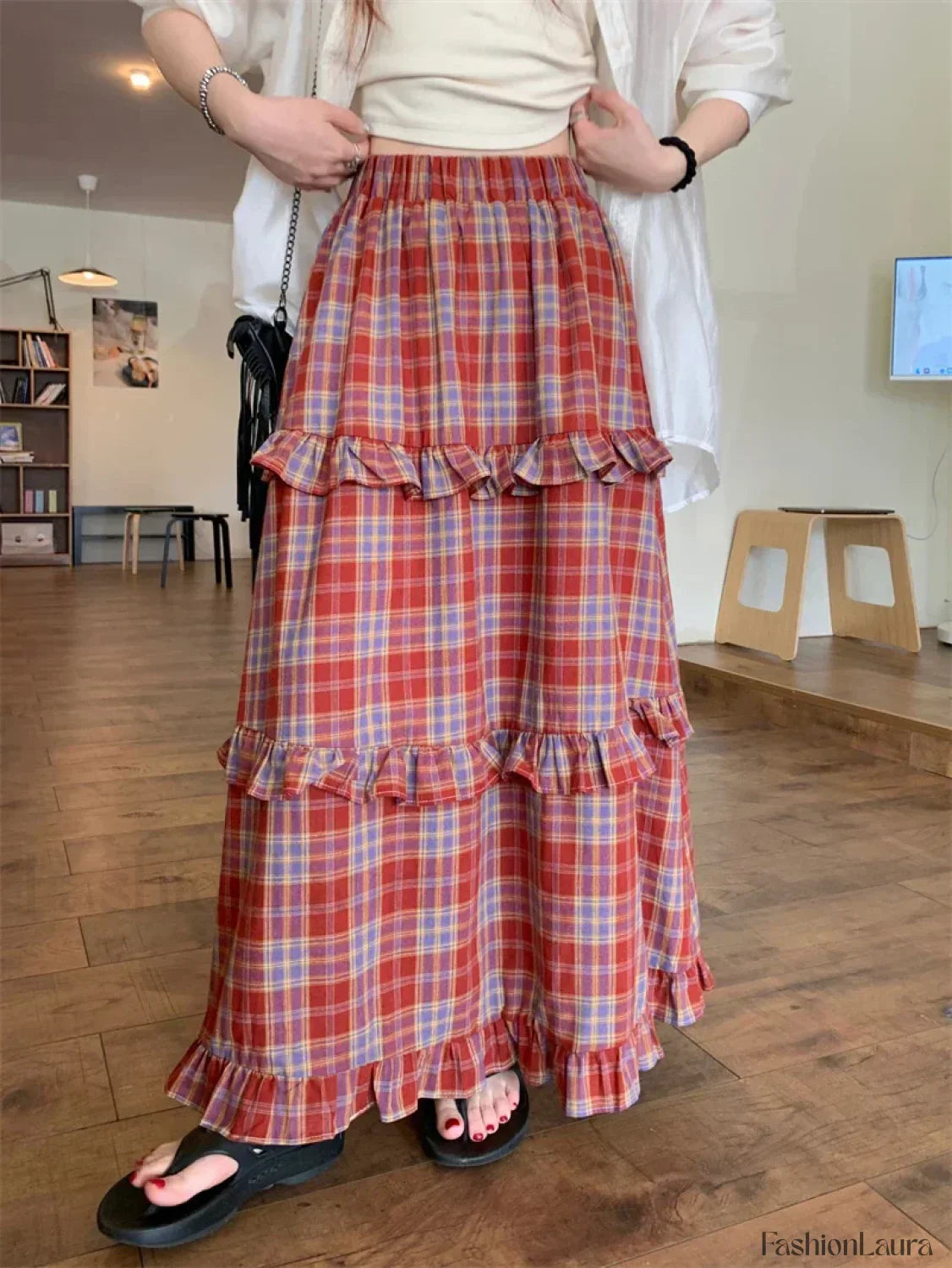 Ruffle Trim Plaid Maxi Skirt