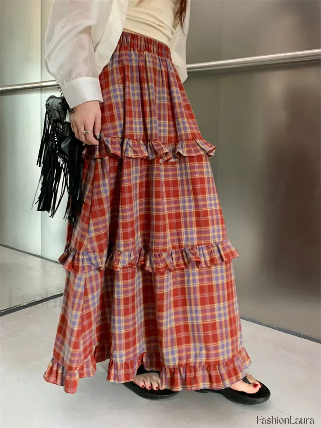 Ruffle Trim Plaid Maxi Skirt