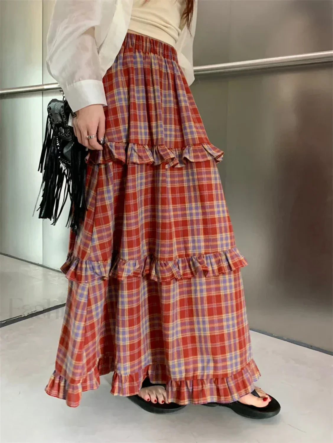 Ruffle Trim Plaid Maxi Skirt