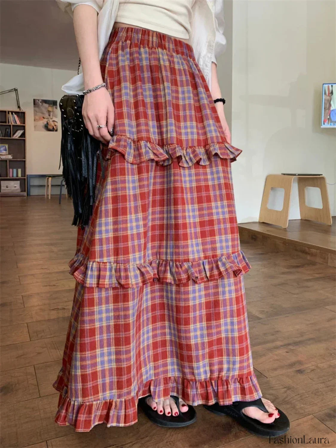 Ruffle Trim Plaid Maxi Skirt
