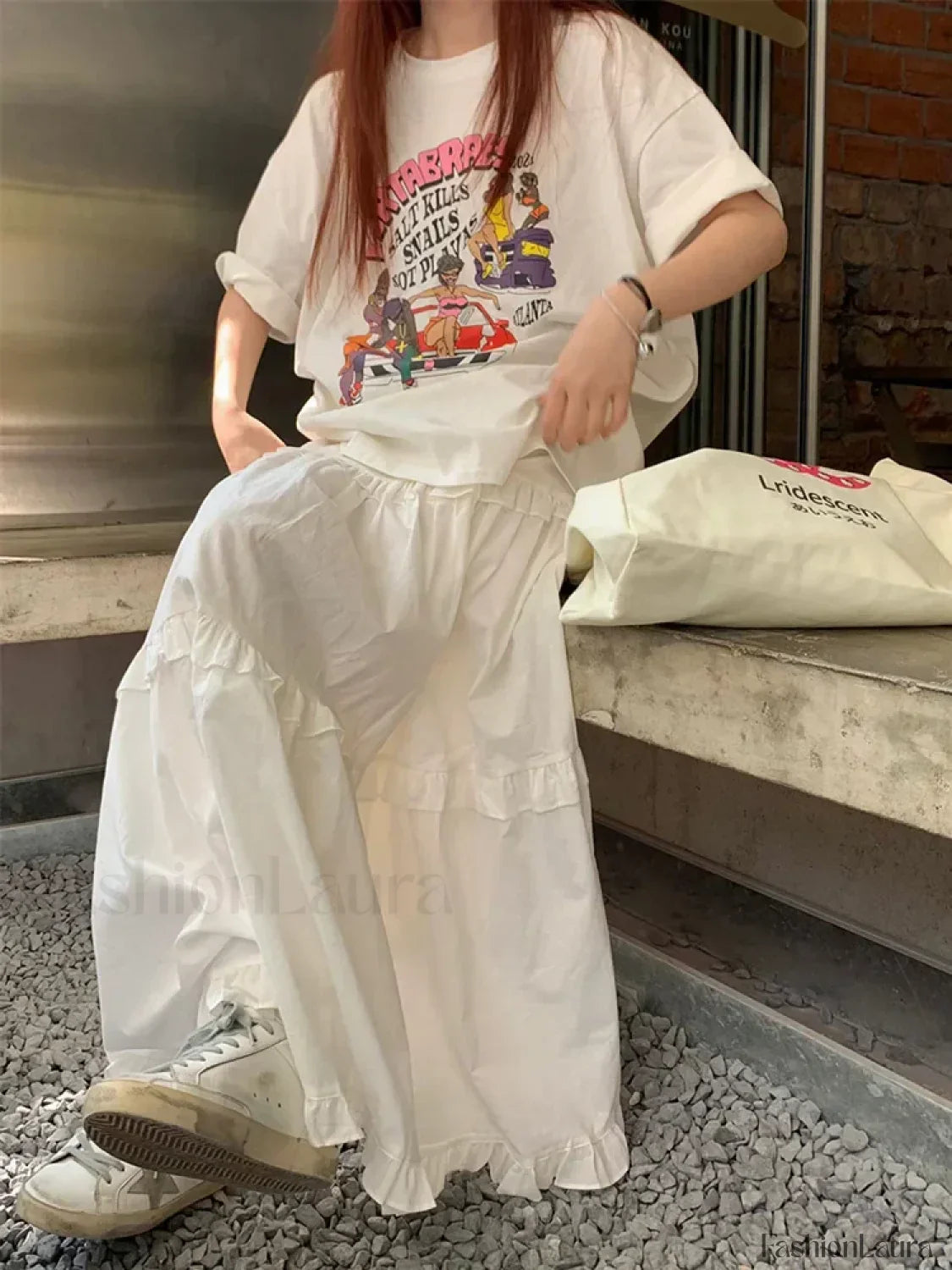 Ruffle Trim White Korean Style Elastic Waist Swing Skirt