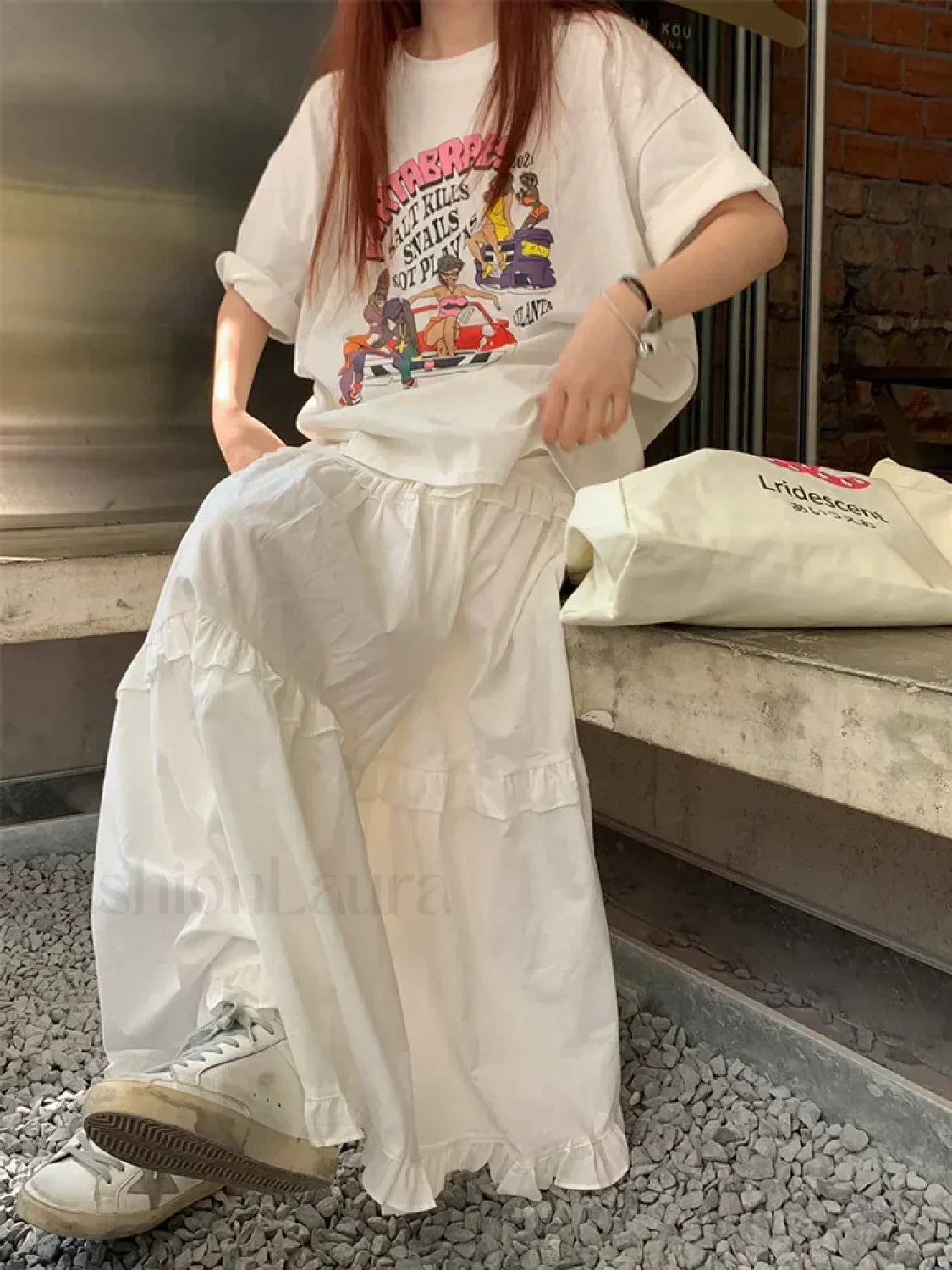 Ruffle Trim White Korean Style Elastic Waist Swing Skirt