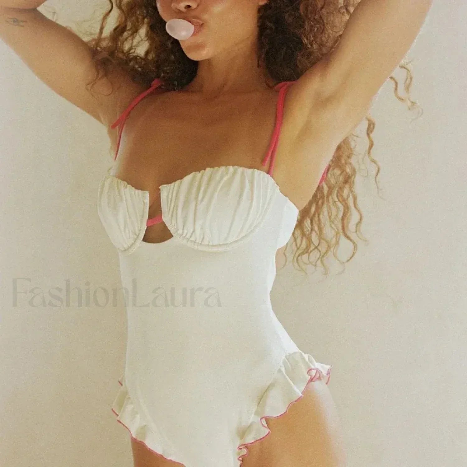 Ruffle V Neck Bathing One Piece white3 / S