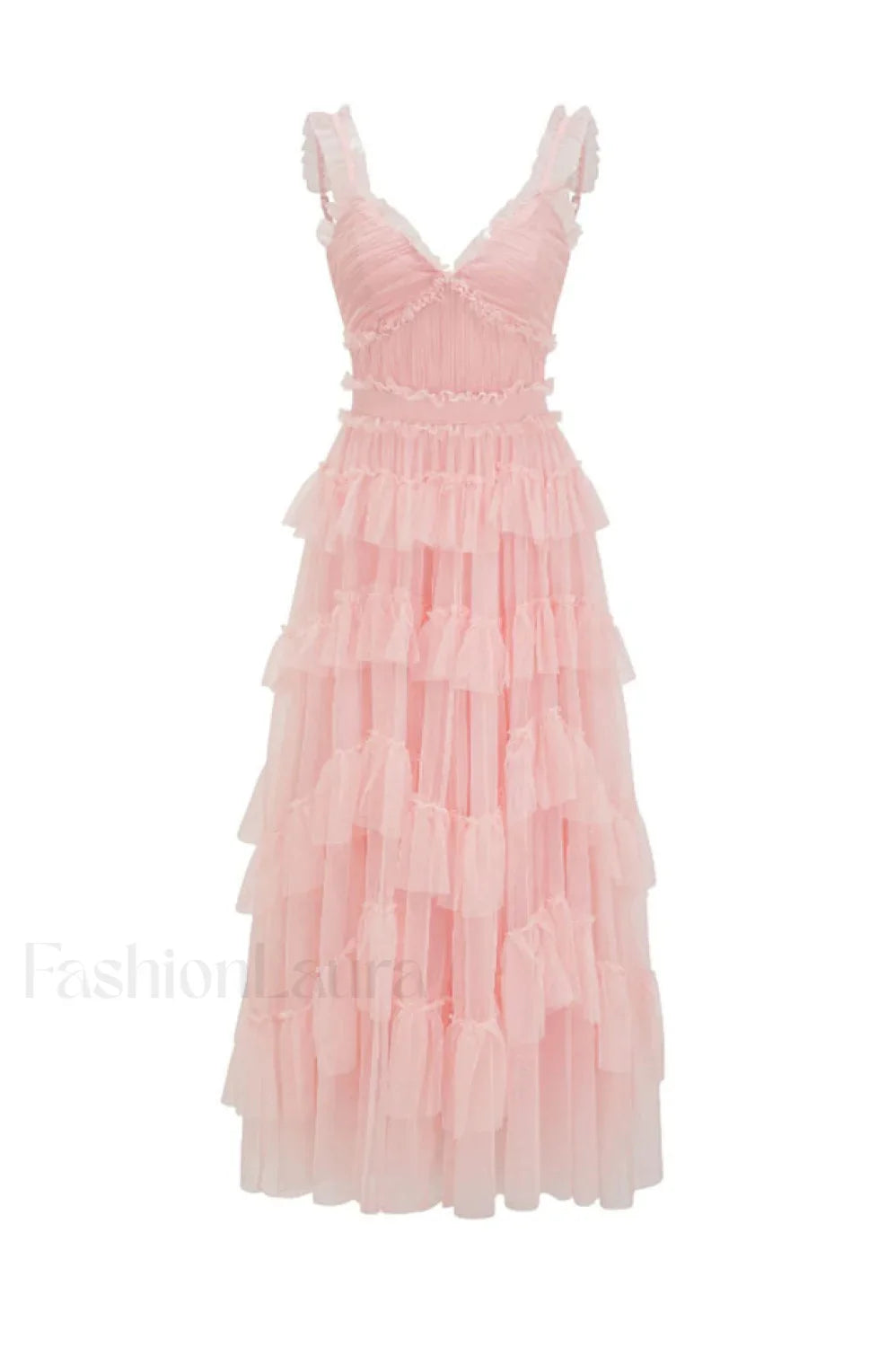 Ruffle V Neck Charming Tiered Tulle Evening Dress