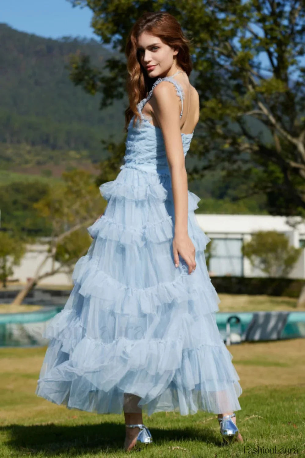 Ruffle V Neck Charming Tiered Tulle Evening Dress