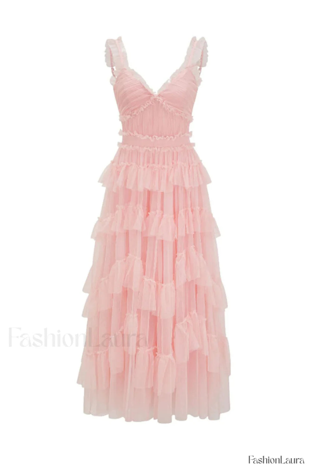 Ruffle V Neck Charming Tiered Tulle Evening Dress