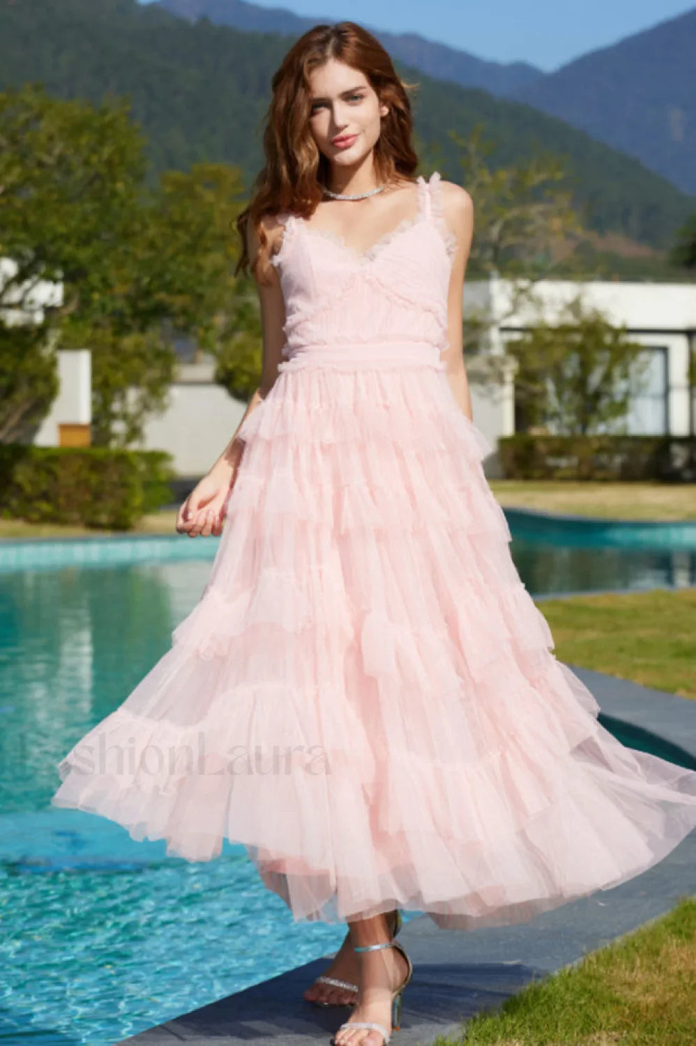 Ruffle V Neck Charming Tiered Tulle Evening Dress