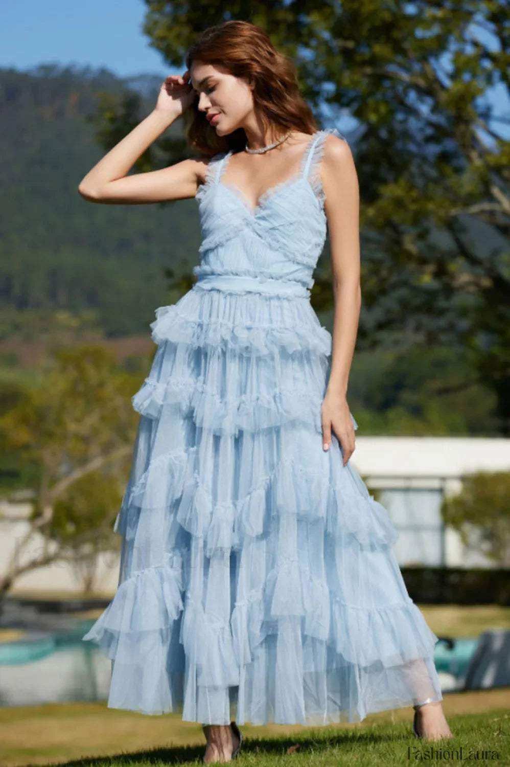 Ruffle V Neck Charming Tiered Tulle Evening Dress