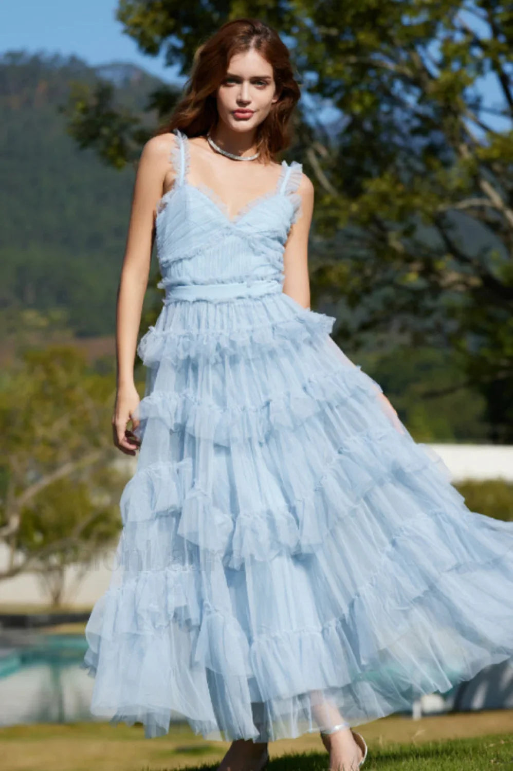 Ruffle V Neck Charming Tiered Tulle Evening Dress S / Baby Blue