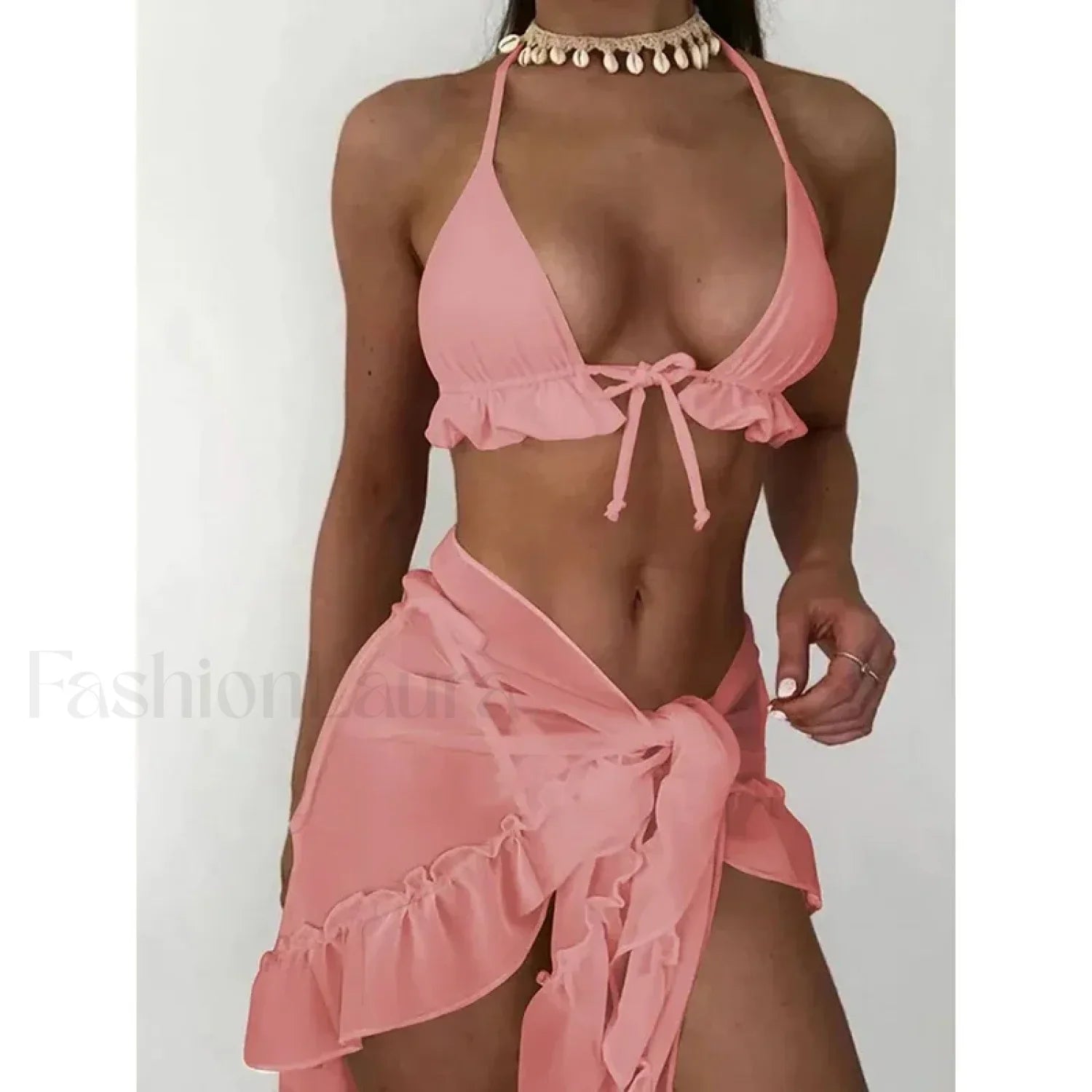 Ruffled Backless Halter Three Piece Set