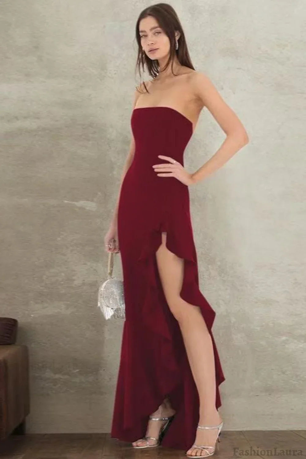 Ruffled Bustier Side Slit Formal Dress