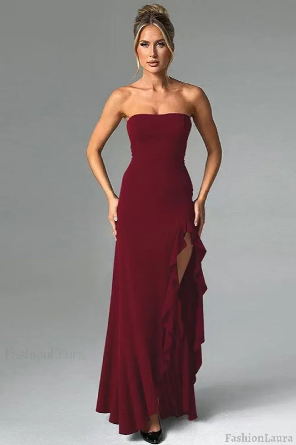 Ruffled Bustier Side Slit Formal Dress