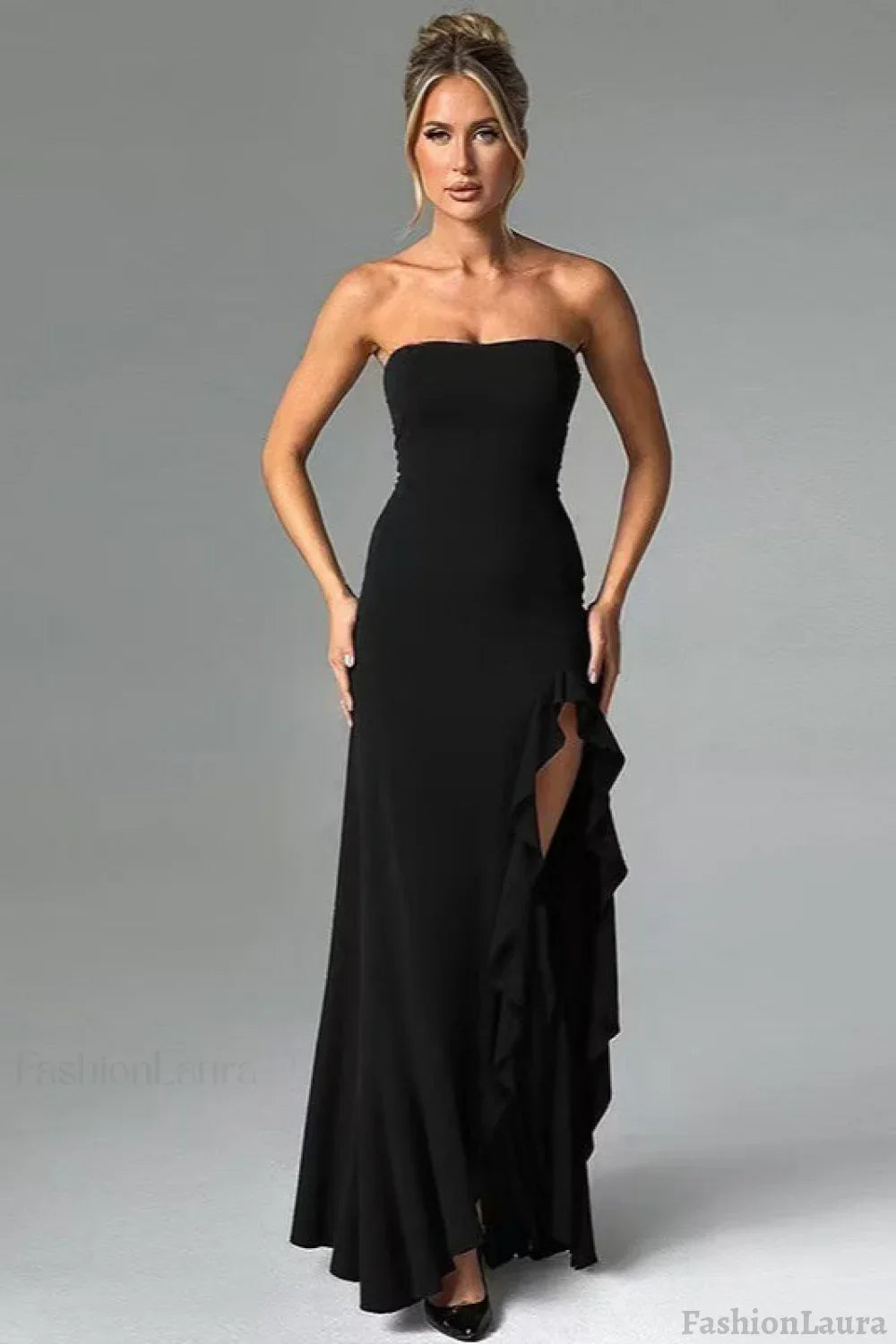 Ruffled Bustier Side Slit Formal Dress