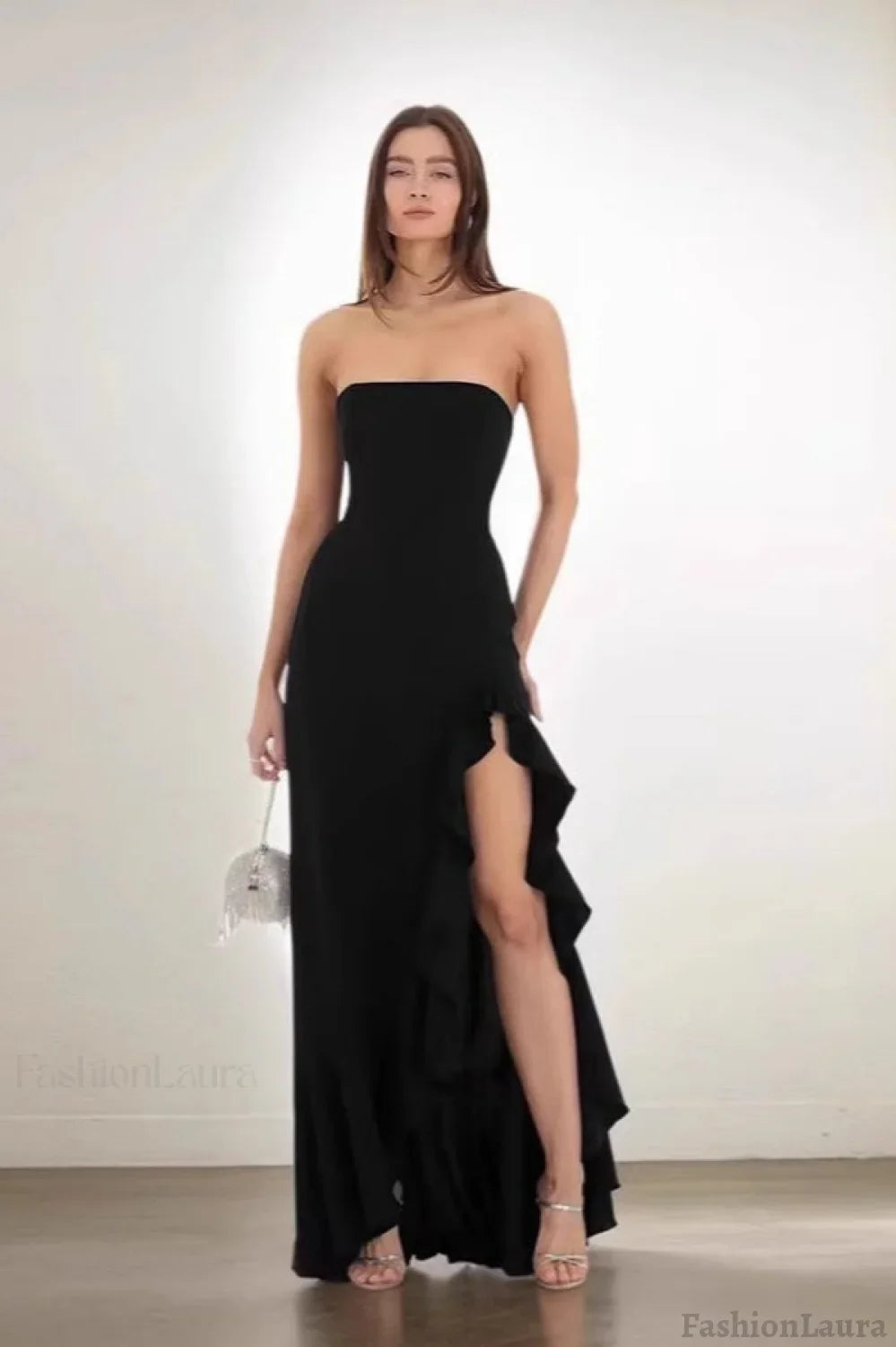 Ruffled Bustier Side Slit Formal Dress S / Black