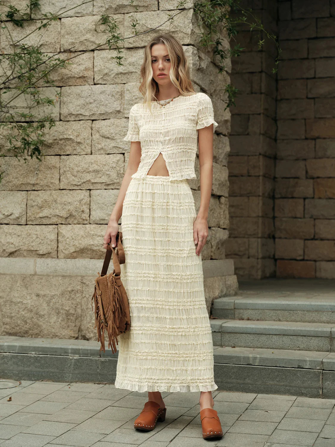 Ruffled Crop Top Skirt Set Beige / XS Skirt Sets