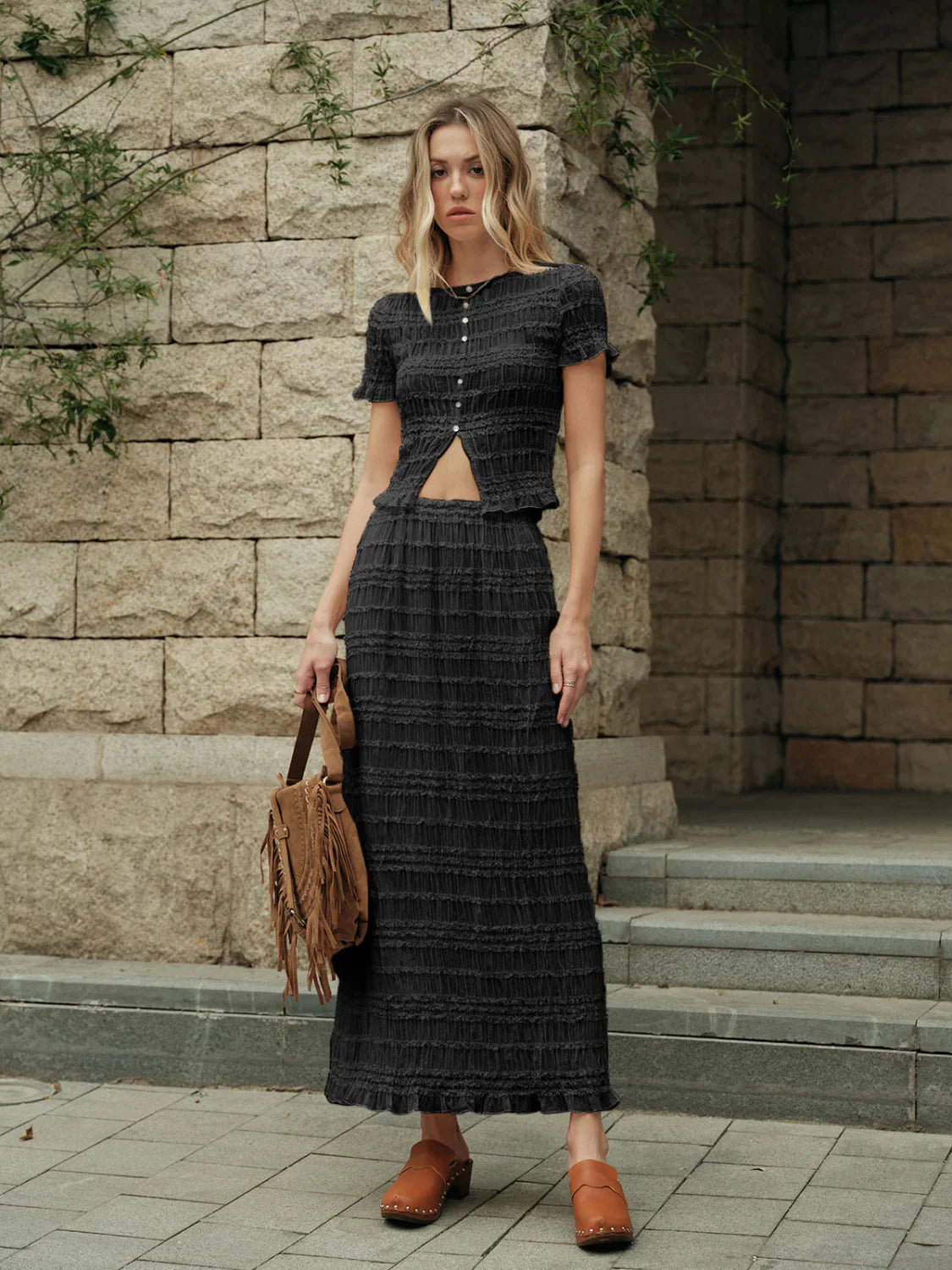 Ruffled Crop Top Skirt Set Black / XS Skirt Sets