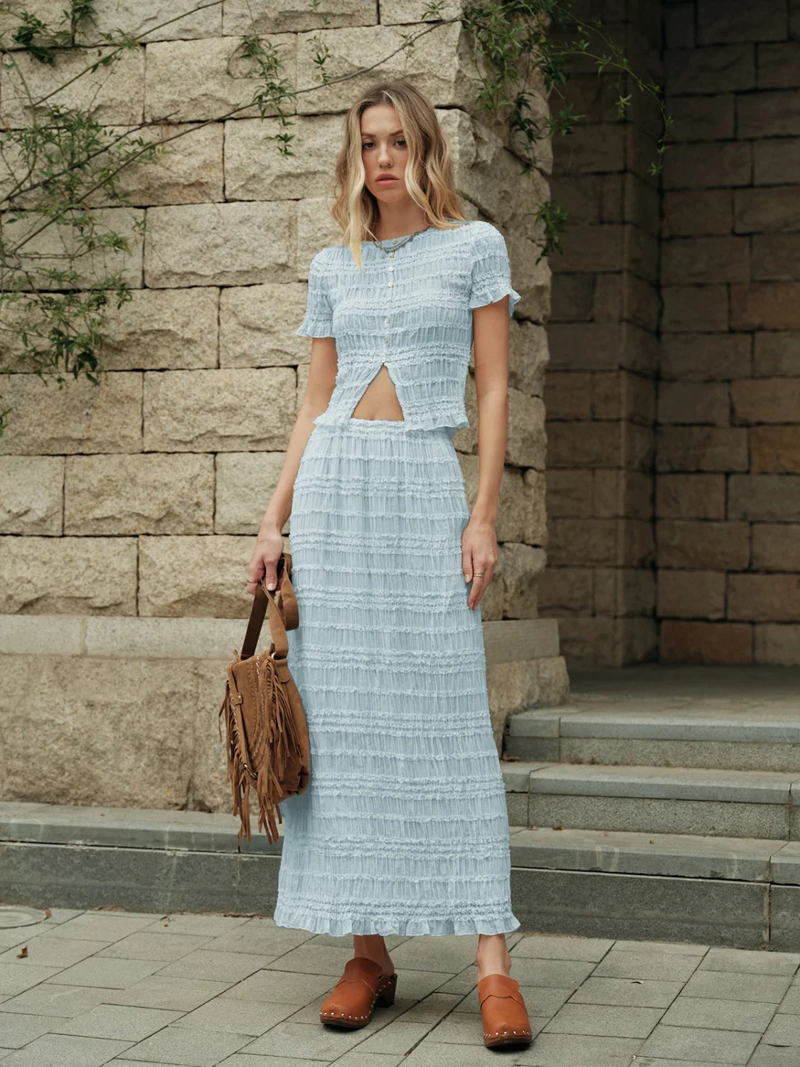 Ruffled Crop Top Skirt Set Blue / XS Skirt Sets