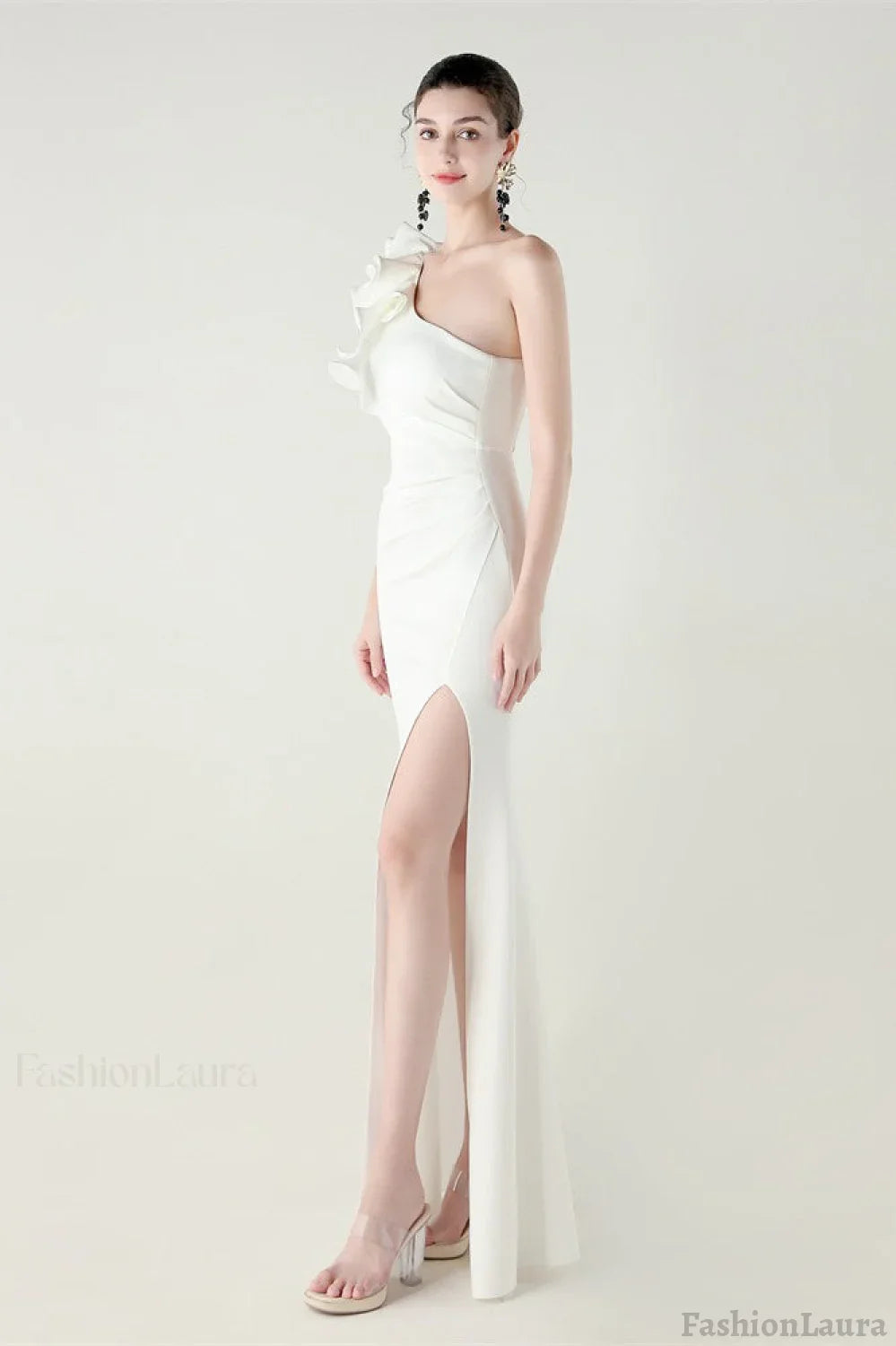 Ruffled Floral One Shoulder Satin Party Dress