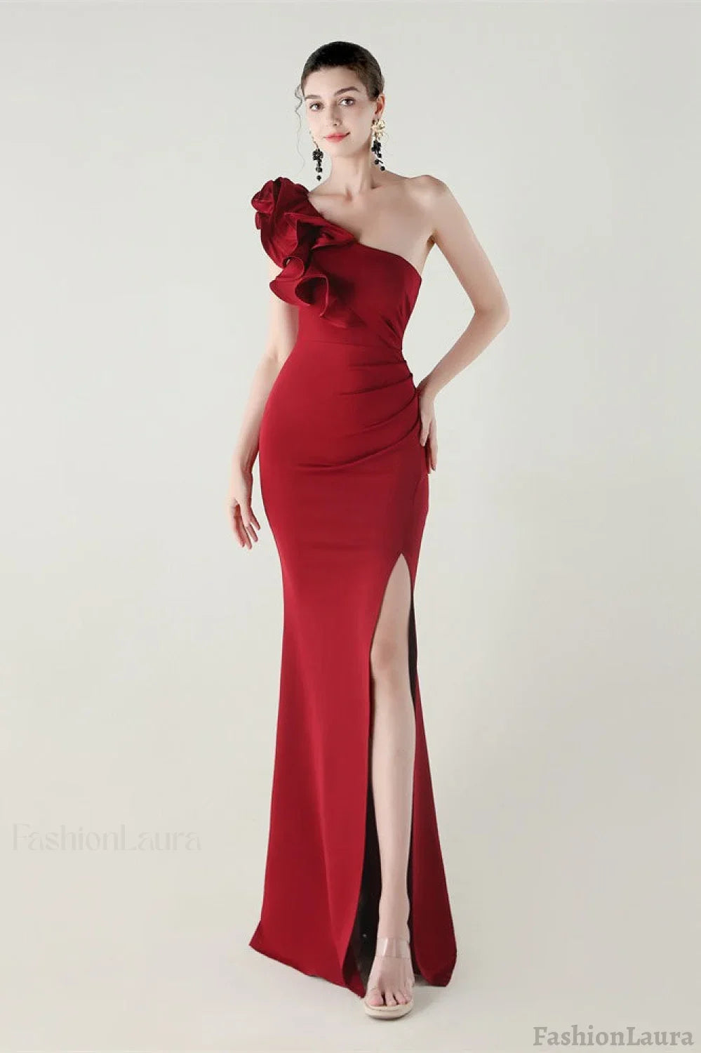 Ruffled Floral One Shoulder Satin Party Dress