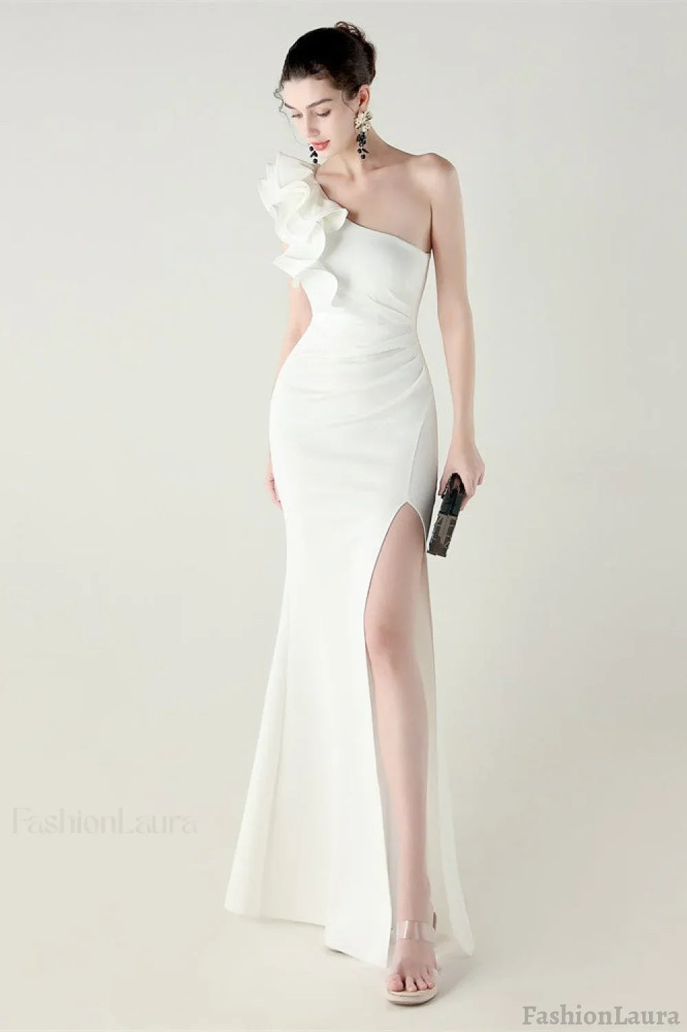 Ruffled Floral One Shoulder Satin Party Dress