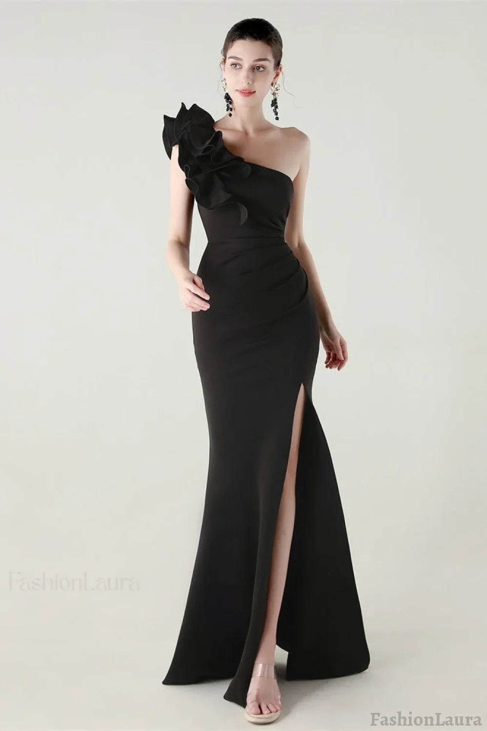 Ruffled Floral One Shoulder Satin Party Dress Black / S