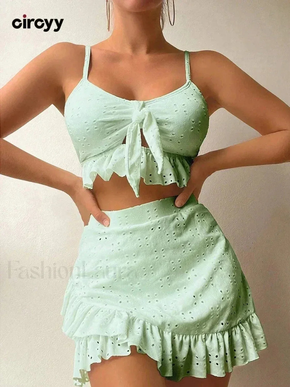 Ruffled Hollow Bow Asymmetrical Three Piece Set