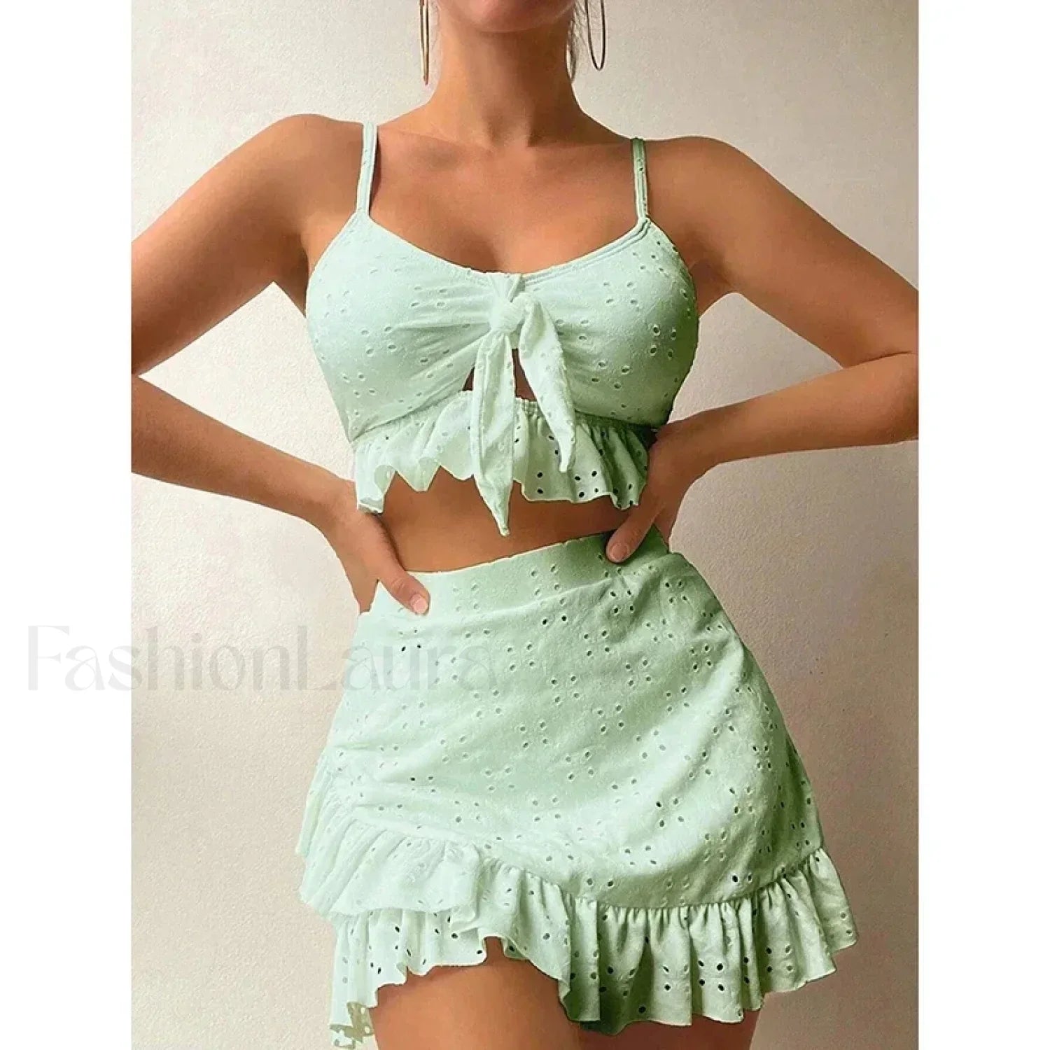Ruffled Hollow Bow Asymmetrical Three Piece Set