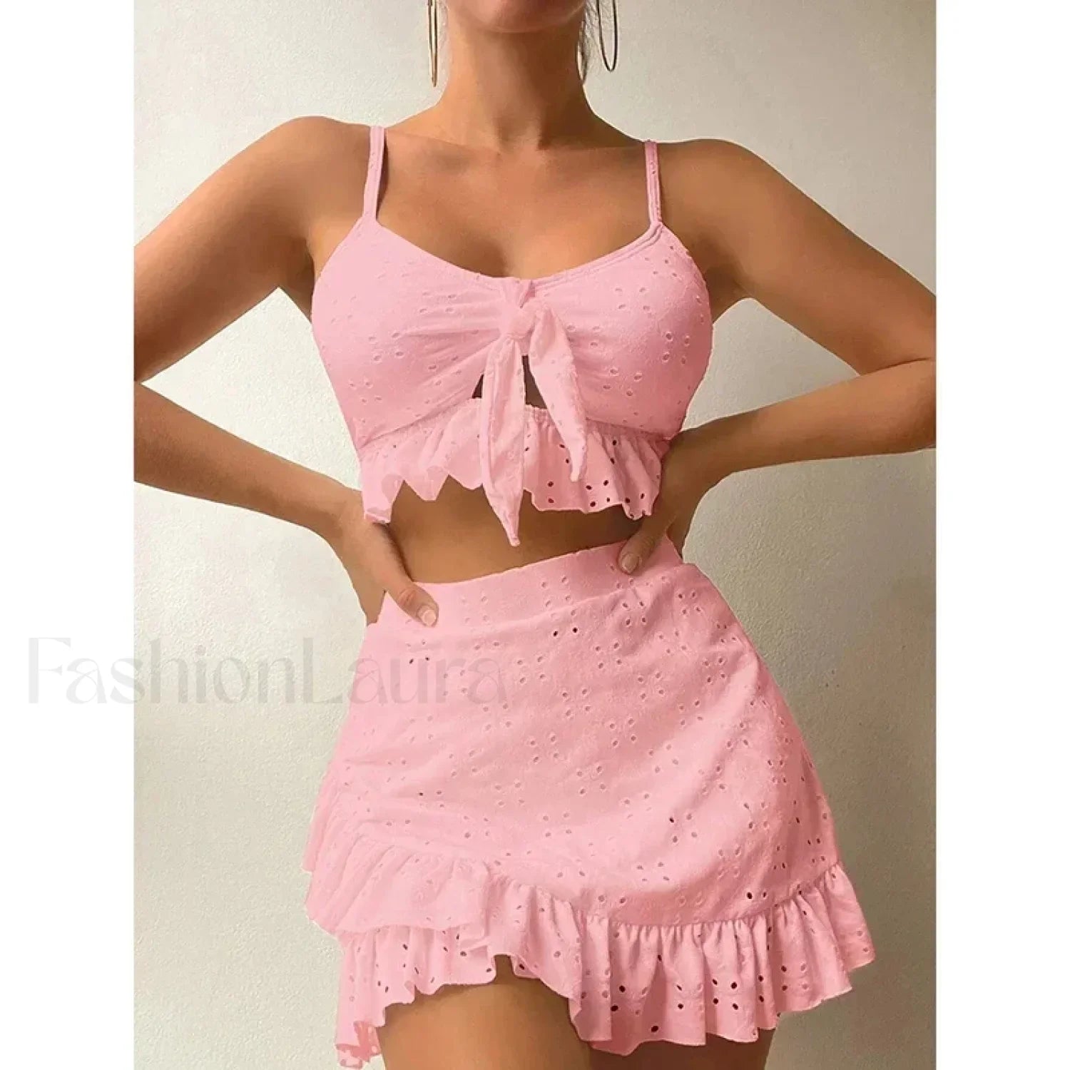 Ruffled Hollow Bow Asymmetrical Three Piece Set Pink / S