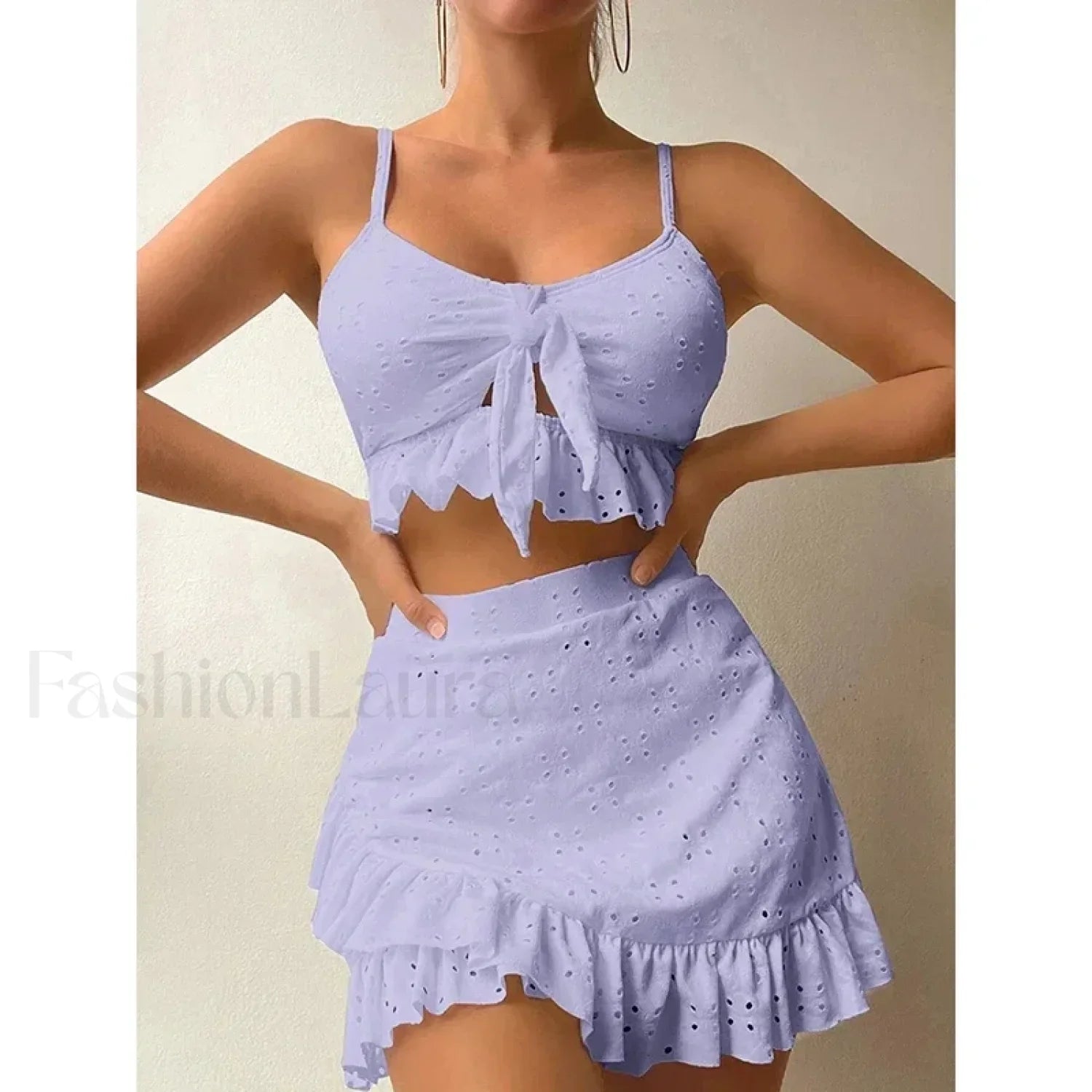 Ruffled Hollow Bow Asymmetrical Three Piece Set
