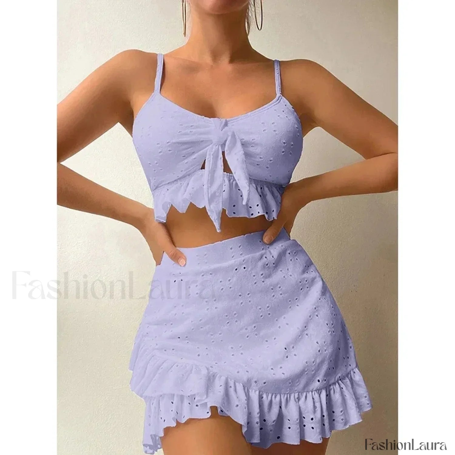 Ruffled Hollow Bow Asymmetrical Three Piece Set