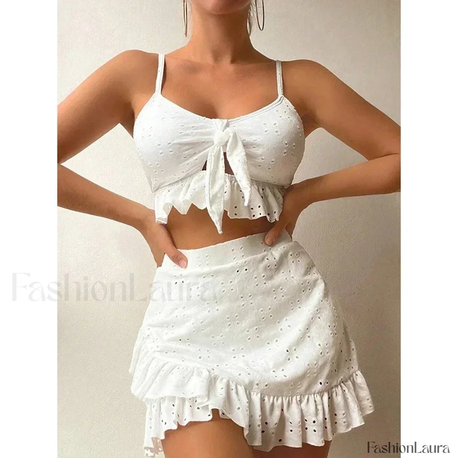 Ruffled Hollow Bow Asymmetrical Three Piece Set