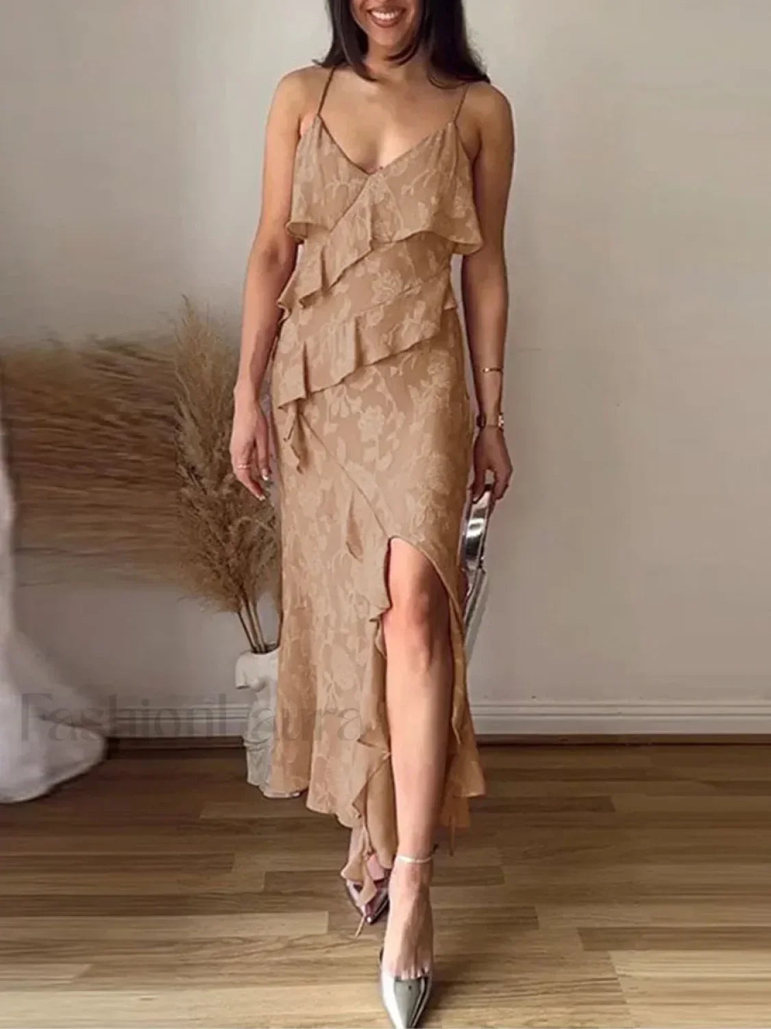 Ruffled Jacquard Split Maxi Dress Khaki / S