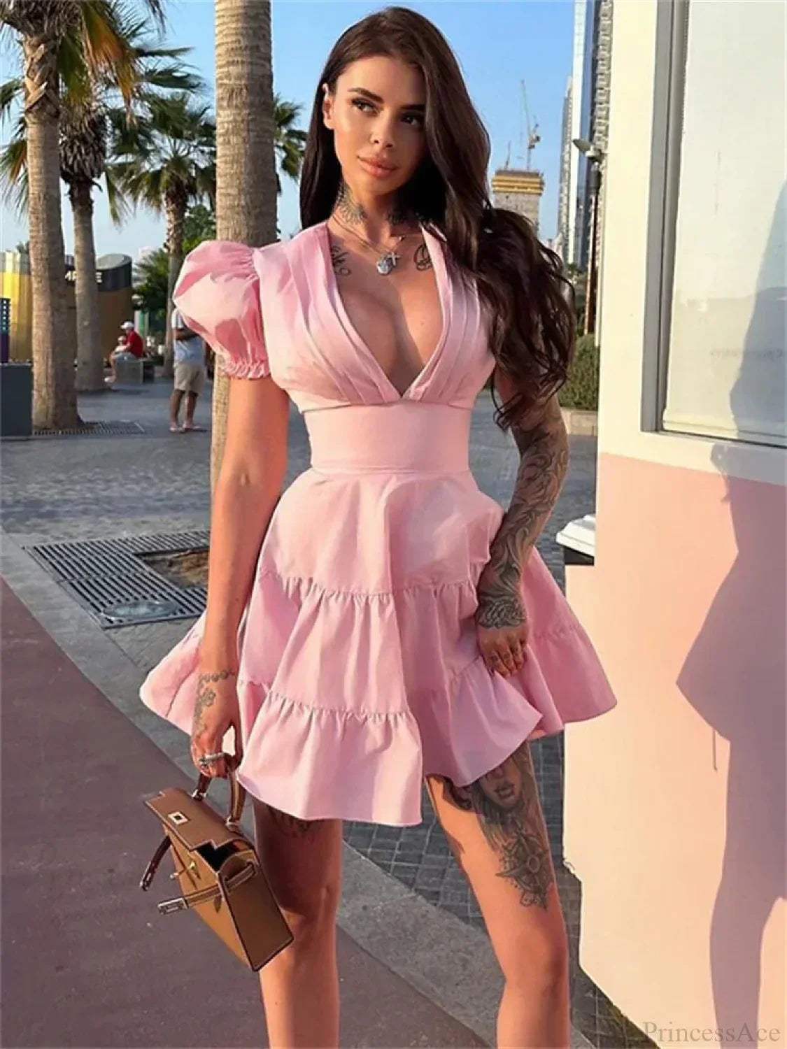 Deep V-Neck Puff Sleeve Pleated Bodice Tiered Ruffle Mini Dress