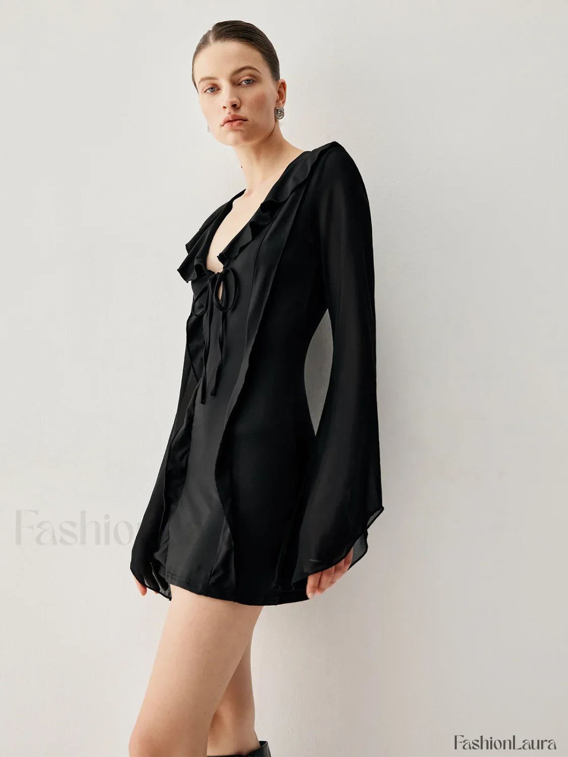 Ruffled Long Sleeve Trendy Tie Patchwork Short Dress