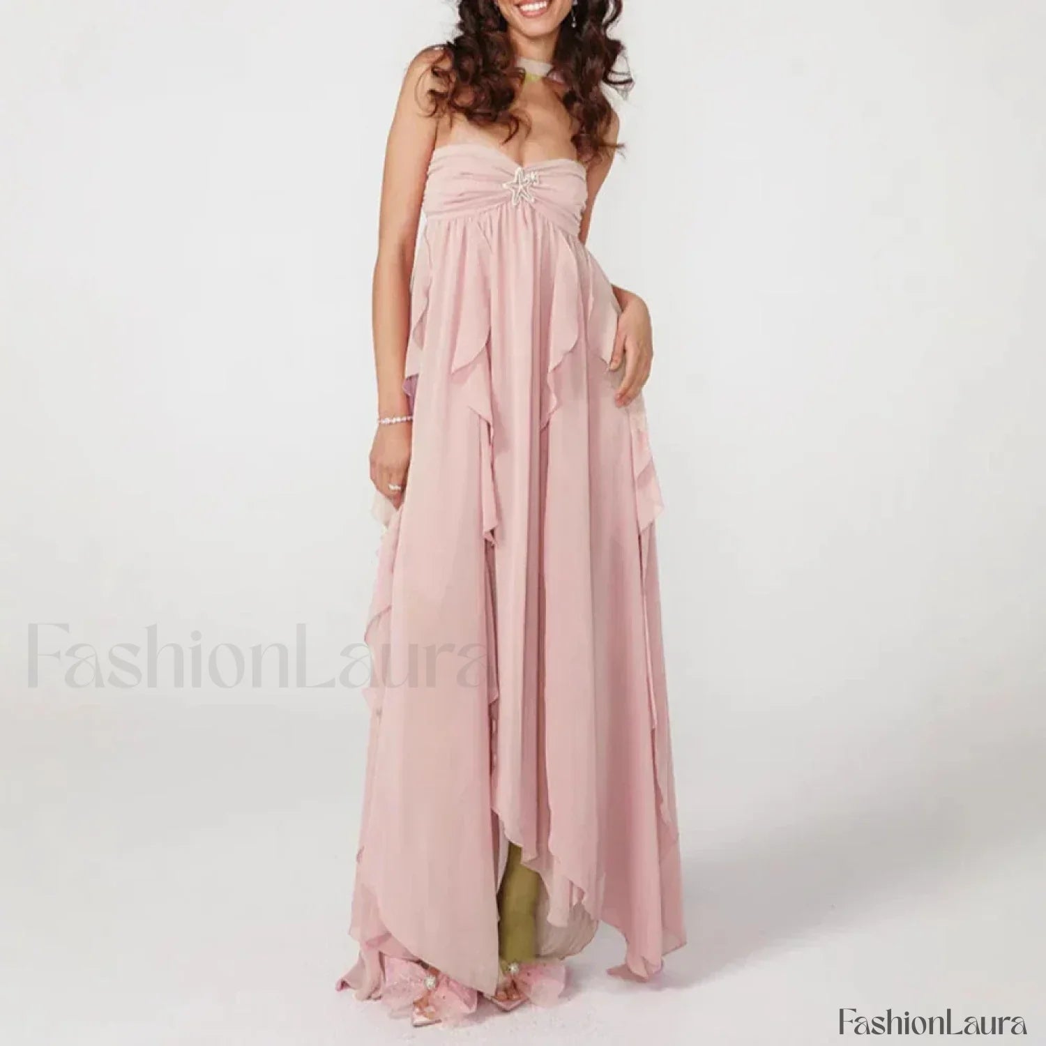 Ruffled Patchwork Chiffon Maxi Dress