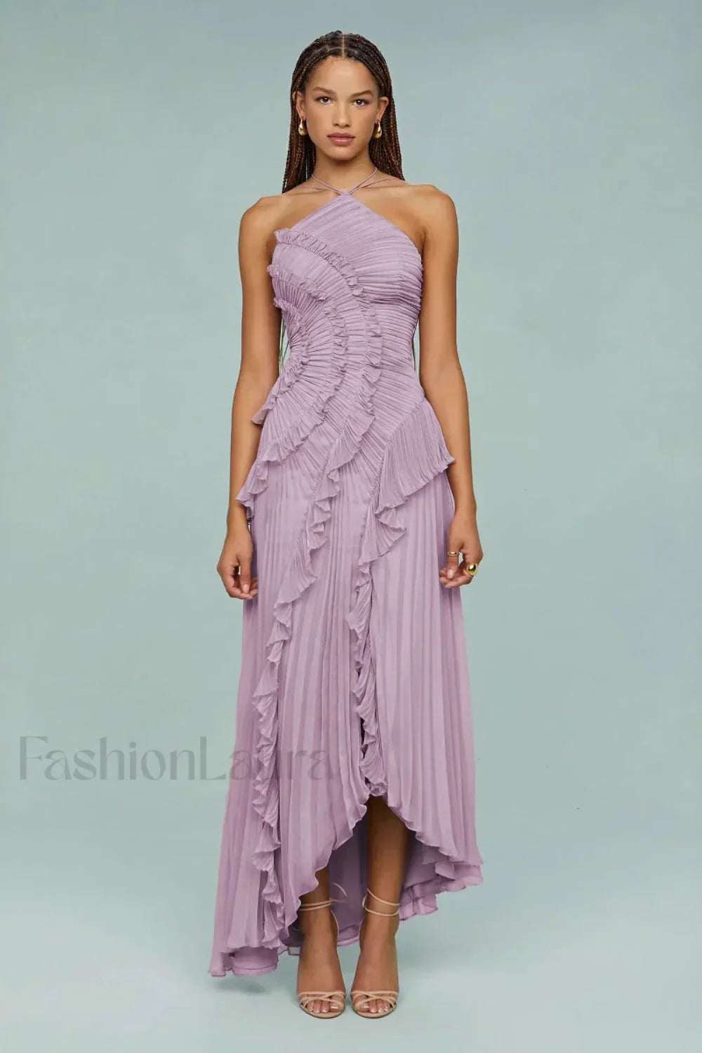 Ruffled Pleated Chiffon Maxi Dress Pink / XS