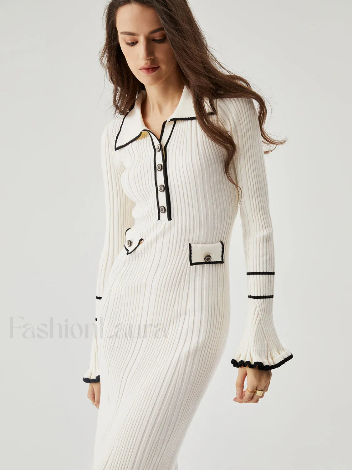 Ruffled Trim Contrast Binding Modern Button-up Collar Midi Sweater Dress