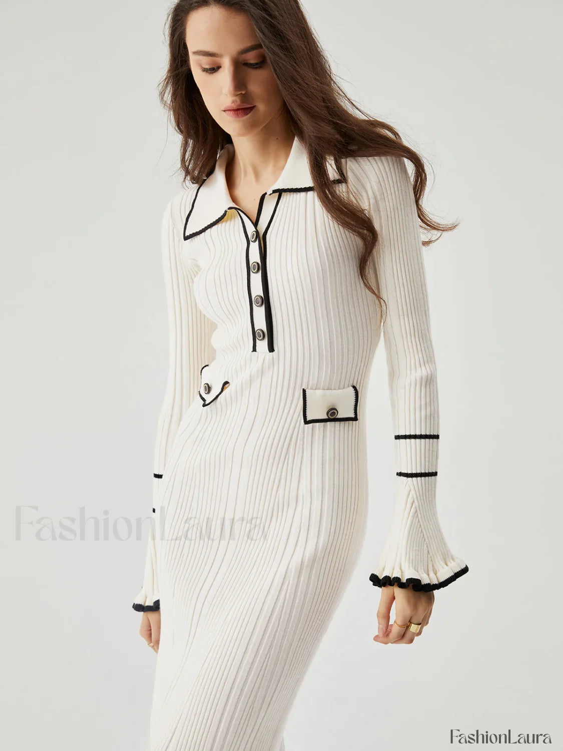 Ruffled Trim Contrast Binding Modern Button-up Collar Midi Sweater Dress
