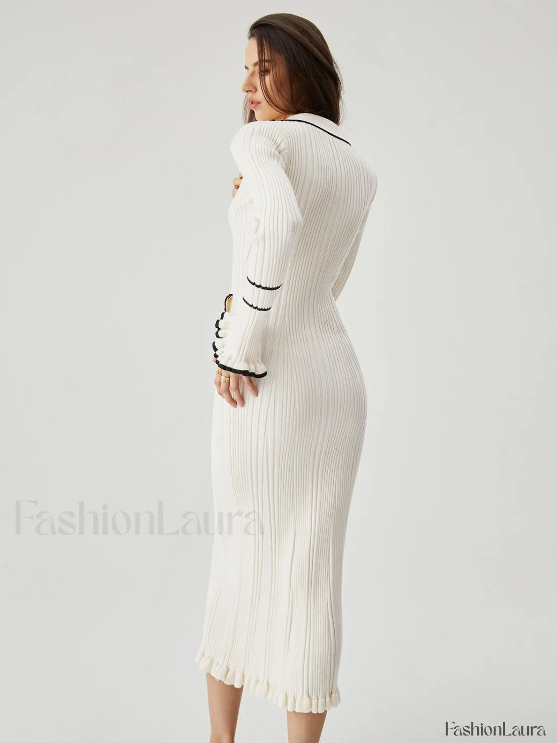 Ruffled Trim Contrast Binding Modern Button-up Collar Midi Sweater Dress