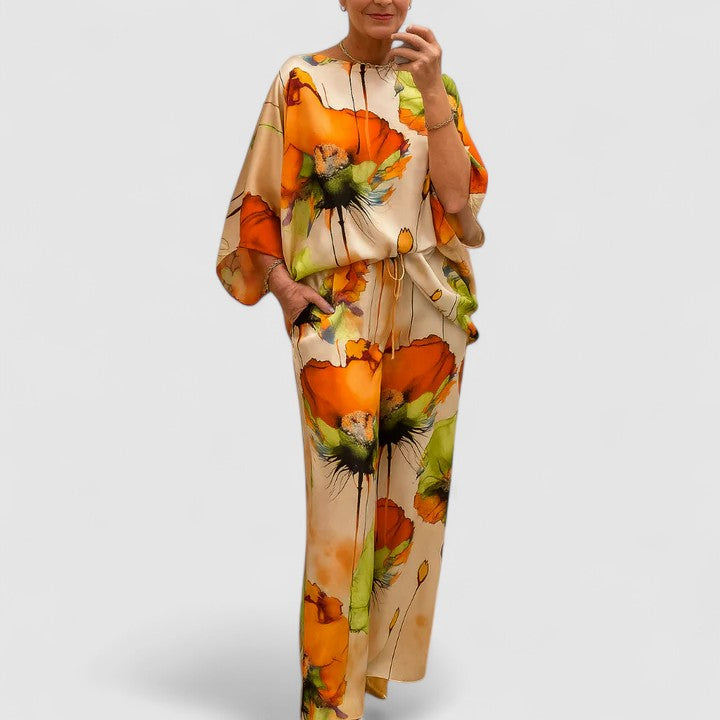 Floral Batwing Sleeve Top and Wide Leg Pants Two Piece Set