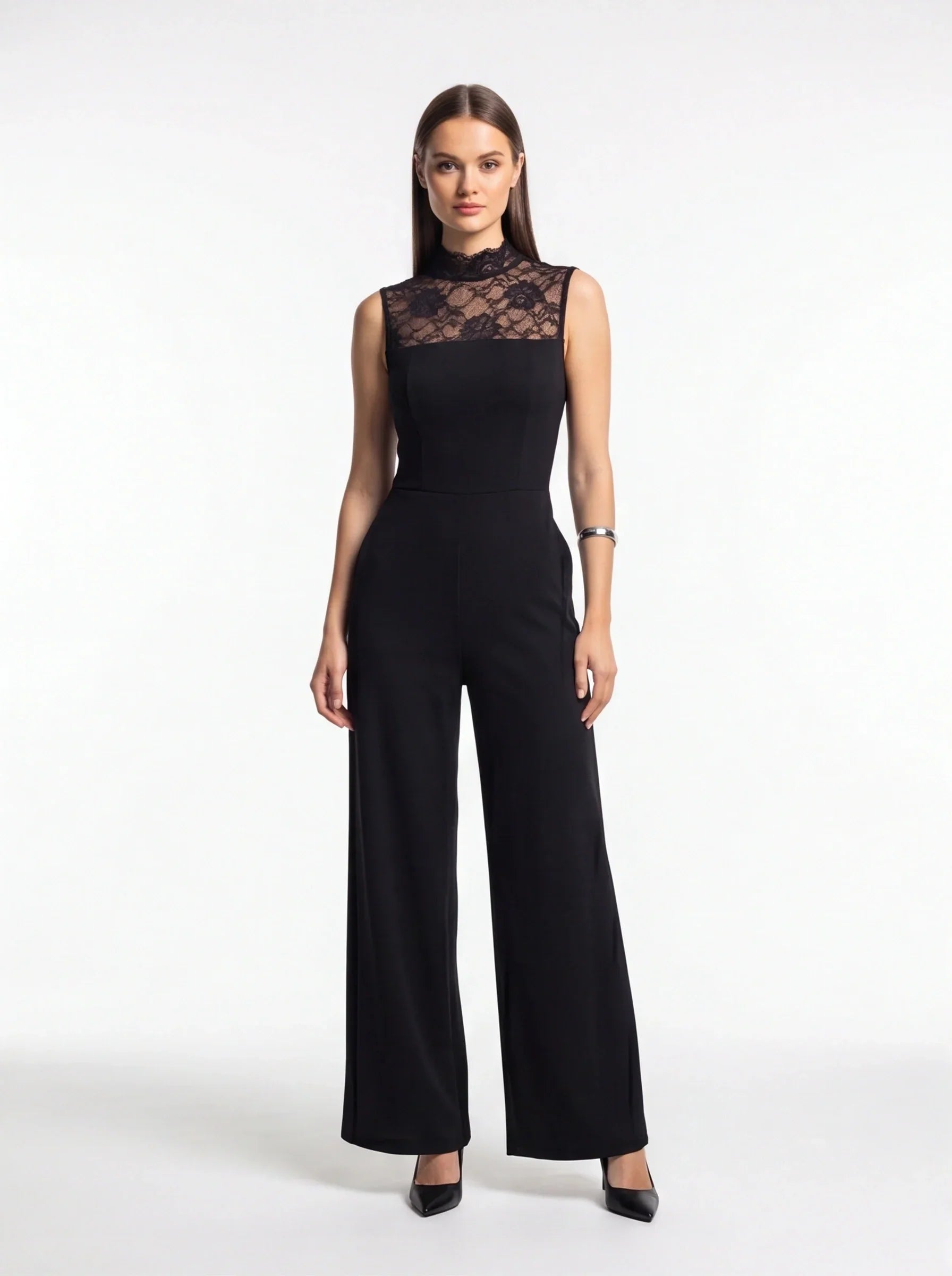 Floral Lace Yoke High Neck Sleeveless Wide Leg Jumpsuit