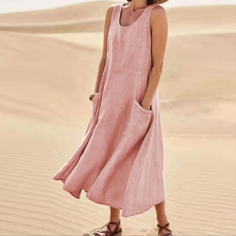 Scoop Neck Wide Strap Patch Pocket Diagonal Seam Relaxed A-Line Midi Dress