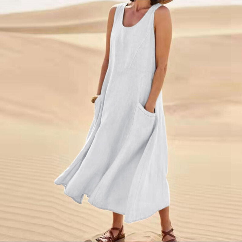 Scoop Neck Wide Strap Patch Pocket Diagonal Seam Relaxed A-Line Midi Dress
