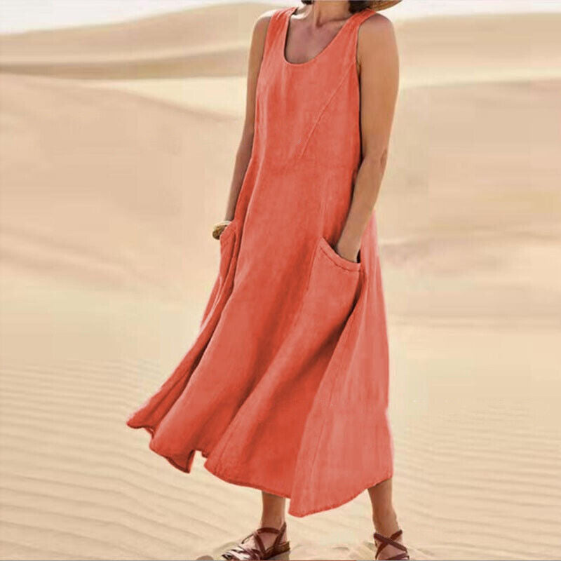 Scoop Neck Wide Strap Patch Pocket Diagonal Seam Relaxed A-Line Midi Dress