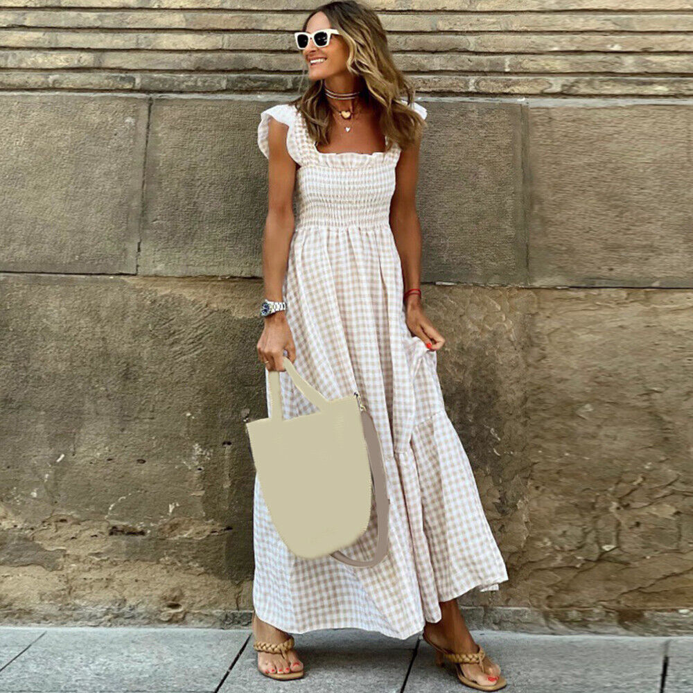 Smocked Square Neck Flutter Sleeve Gingham Tiered Maxi Summer Dress