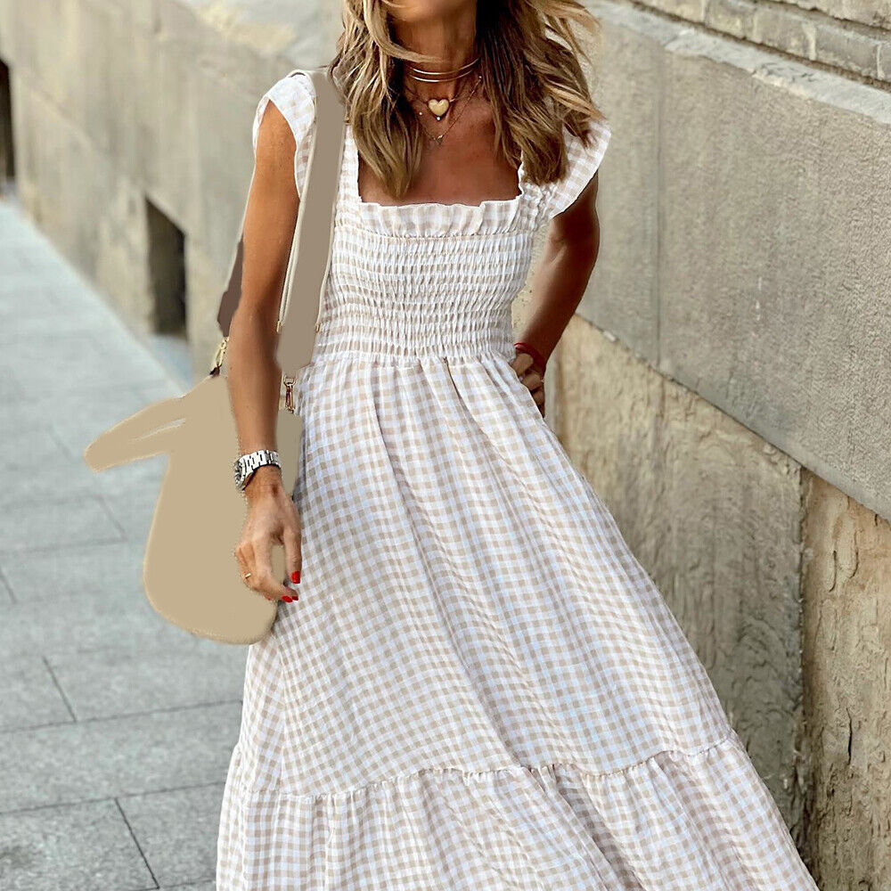 Smocked Square Neck Flutter Sleeve Gingham Tiered Maxi Summer Dress