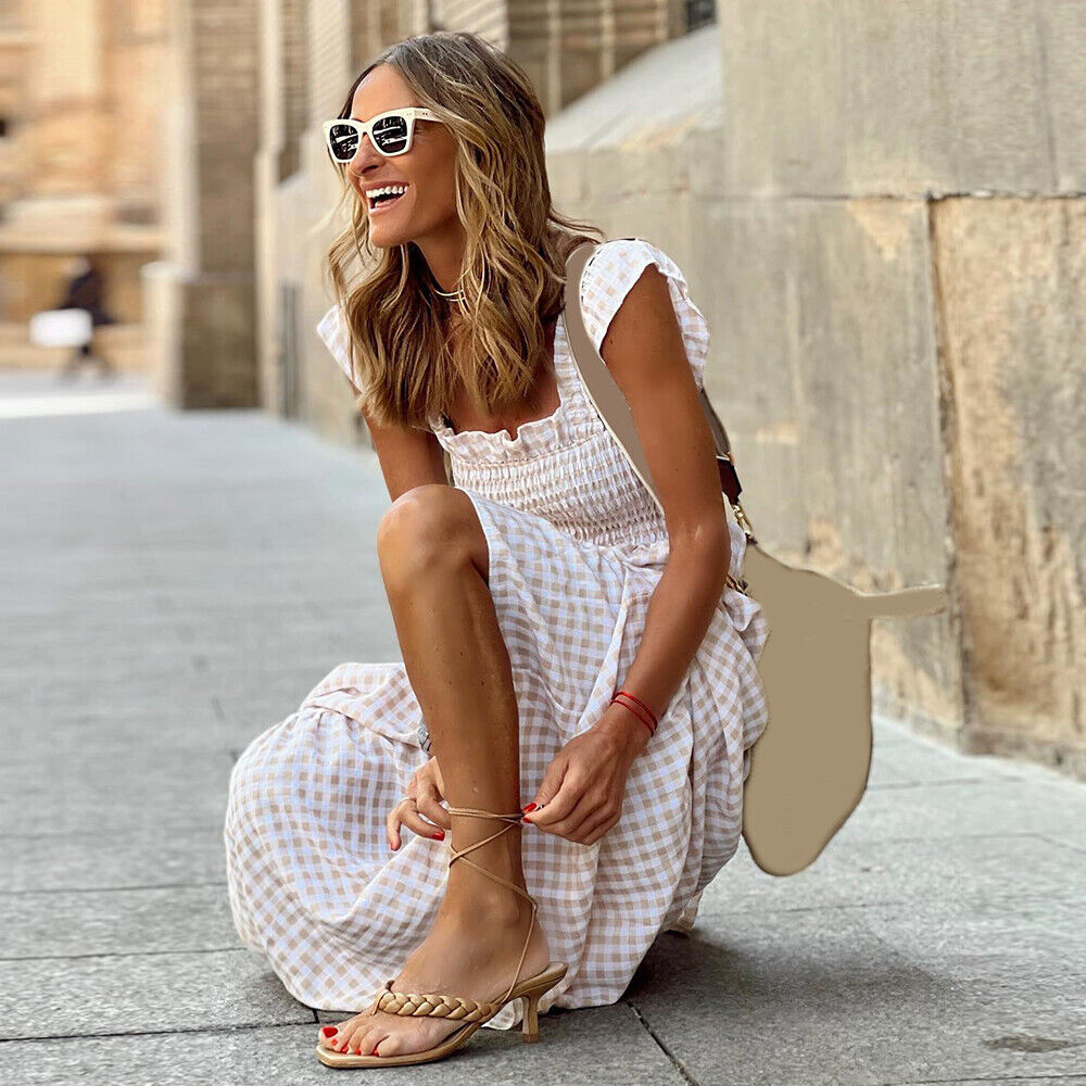 Smocked Square Neck Flutter Sleeve Gingham Tiered Maxi Summer Dress